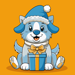 戴帽小狗抱礼物