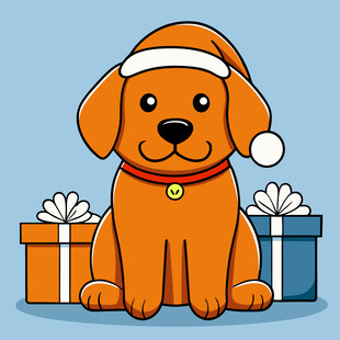 戴圣诞帽的小狗与礼物