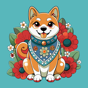 可爱柴犬戴巾伴花