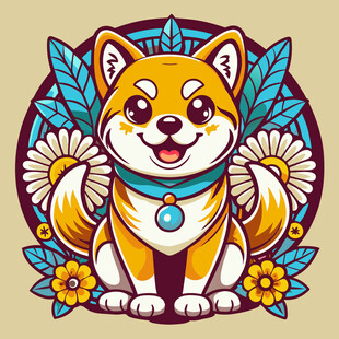 可爱柴犬插画花卉环绕