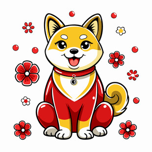 可爱柴犬身着红衣带花朵