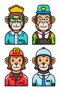 四只卡通猴子工人形象