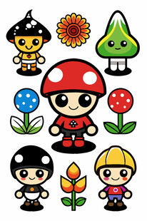 卡通角色与多彩植物图案