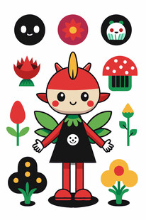 可爱卡通小精灵与花草图案