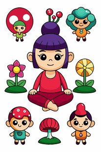 可爱卡通人物与花卉组合