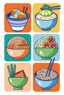 多彩中式面食与小吃插画