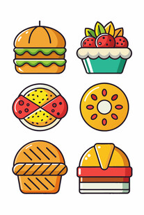 多彩卡通风格美味食物集合