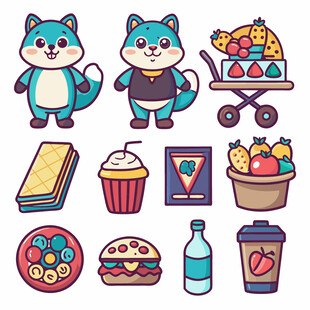 可爱动物与美食插画