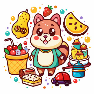 可爱松鼠与美味食物和玩具
