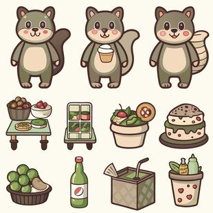 可爱松鼠与美食购物场景