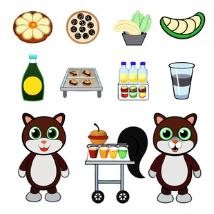 可爱动物与多样美食场景