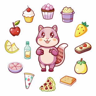 可爱松鼠与美味食物插画