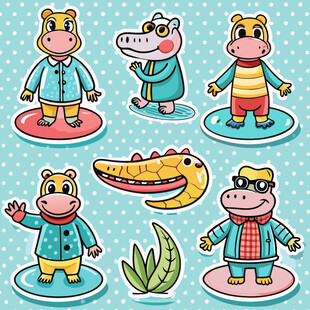 卡通河马与鳄鱼趣味形象