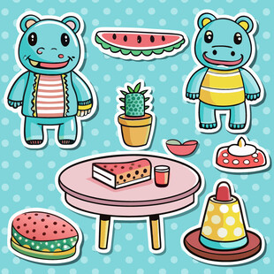 可爱小熊与美食插画