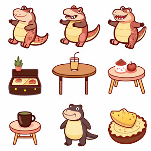 可爱恐龙与日常物品插画