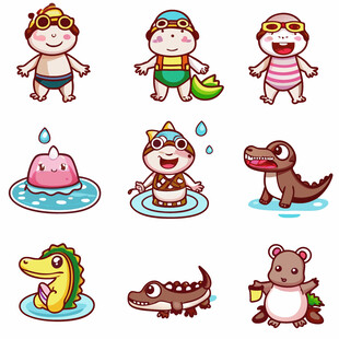 卡通动物与孩子的水上欢乐