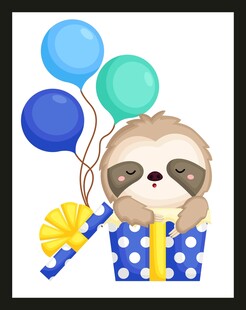 树懒在礼盒中与气球相伴