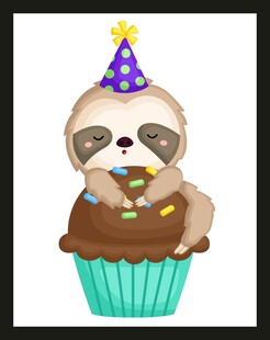 派对树懒坐在美味纸杯蛋糕上