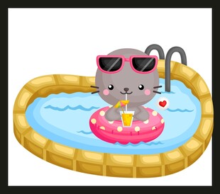 戴墨镜小猫在泳池玩耍