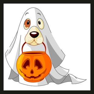 扮幽灵的狗狗与南瓜灯