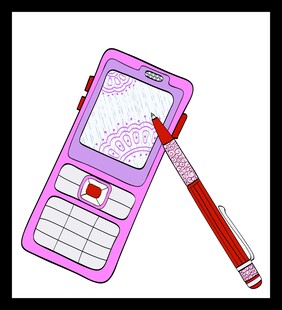 手绘手机与红笔