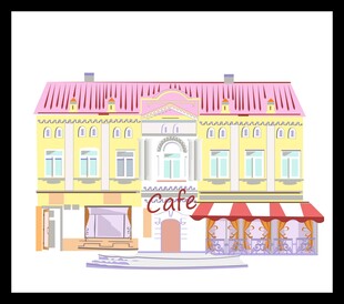 彩色街边咖啡厅手绘插画