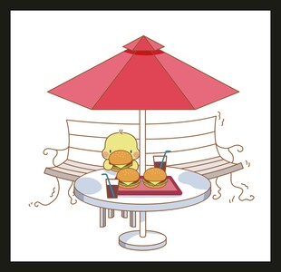 遮阳伞下惬意的小黄鸭