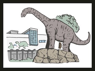 恐龙立于建筑旁场景图