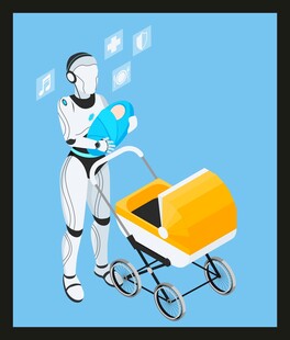 机器人推婴儿车温馨场景