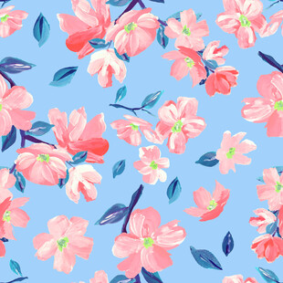 蓝色背景粉色花卉图案