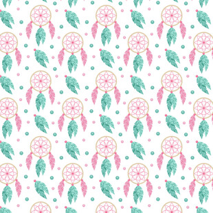 粉色花卉绿叶无缝图案