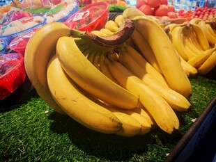 新鲜黄香蕉摆放在草地上