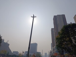 城市中逆光的路灯与高楼