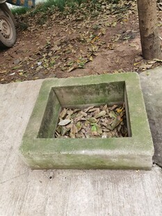 古朴方形石盆内盛枯叶