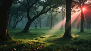 阳光穿透树林的静谧美景