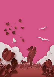 浪漫情侣在粉色梦幻场景相拥