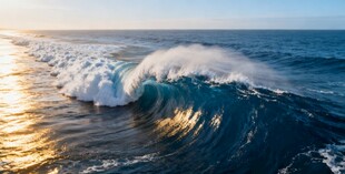 海上日出下的翻涌波浪