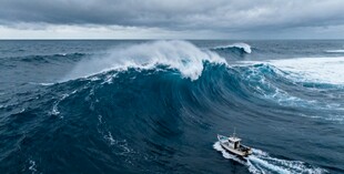 海上孤舟迎汹涌巨浪