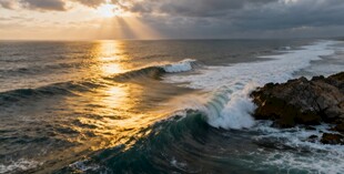 海边日落海浪拍击礁石