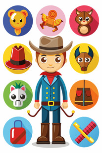 牛仔形象与多彩卡通图标