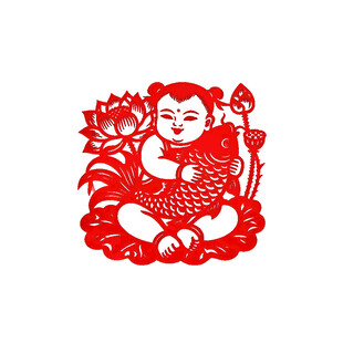剪纸娃娃抱鱼图