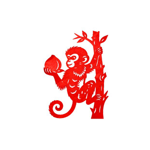 猴子剪纸图手持寿桃攀枝