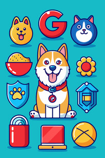 可爱柴犬与多样卡通元素