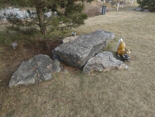 户外巨石旁的黄色物件