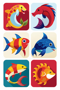 多彩卡通鱼类图标集合
