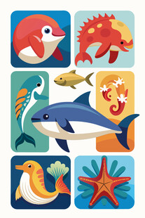 海洋动物卡通图标集合