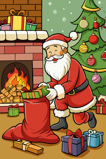 圣诞老人在壁炉旁装礼物