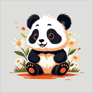 可爱熊猫置身花丛中