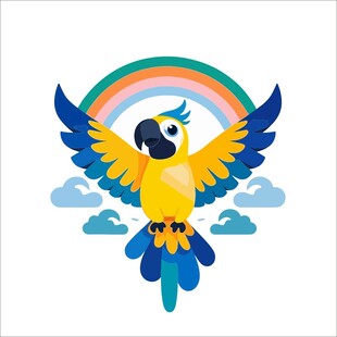 彩虹下飞翔的多彩鹦鹉