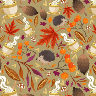 秋日刺猬与落叶花卉图案